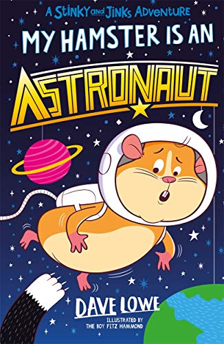 Hamster in a spacesuit floats in starry space with a planet.