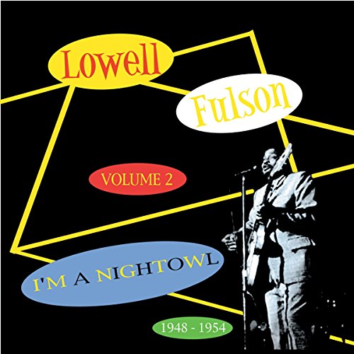"CD cover with Lowell Fulson performing, surrounded by colorful text on black background."