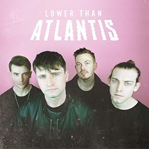 Four men in black shirts pose against a pink background with band name text.
