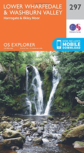 Ordnance Survey Explorer map 297 cover featuring Lower Wharfedale, Washburn Valley, and a waterfall.
