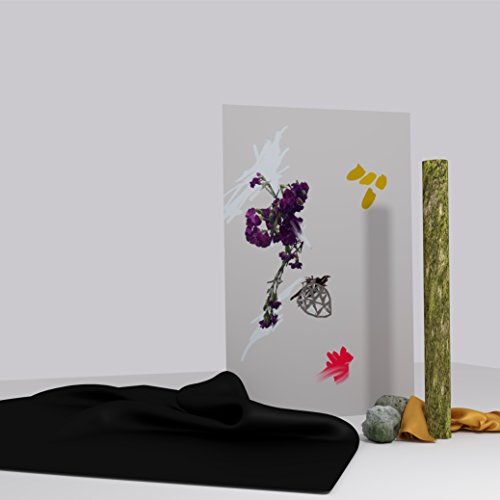 A vertical panel with purple flowers and geometric shapes, near black fabric and wood.