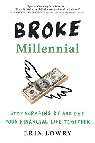 Book cover: “Broke Millennial” with a dollar bill and scribbled lines.