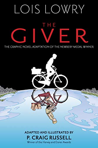 Book cover for "The Giver" graphic novel, featuring a boy on a bicycle.