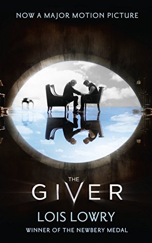 Book cover for "The Giver" featuring two figures in a reflective landscape.