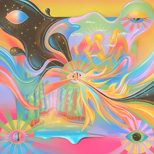 Surreal, colorful abstract artwork featuring swirling shapes, radiant suns, and multiple eyes.