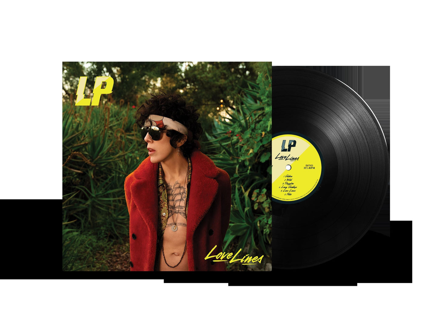 "Vinyl record with cover art featuring a man in a red coat."