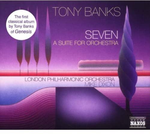 Purple and pink abstract landscape CD cover titled "Tony Banks: Seven - A Suite for Orchestra."