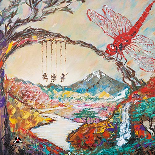 "Album cover art: colorful landscape with dragonfly and people on swings, abstract style."