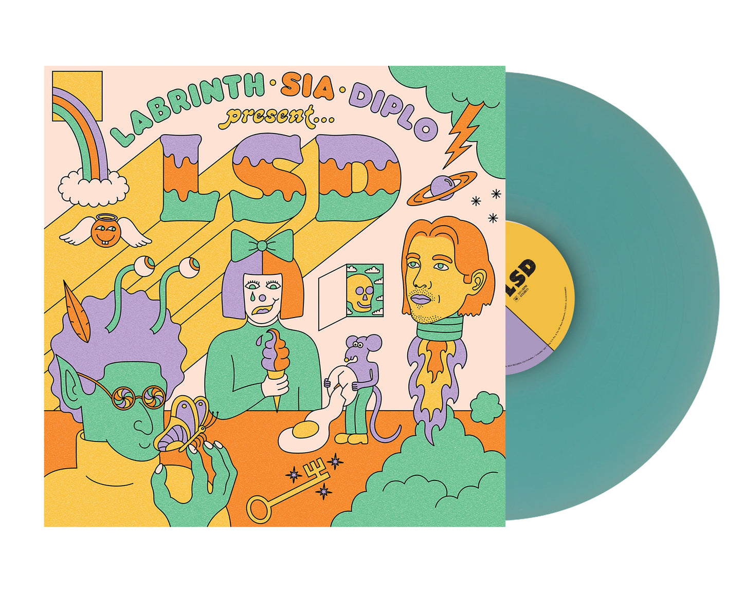 LSD vinyl record cover with colorful, surreal illustrated figures.