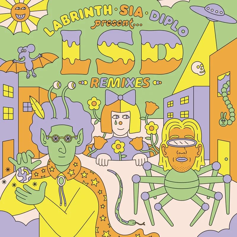 LSD Remixes album cover: colorful cartoon illustration of Labrinth, Sia, and Diplo.