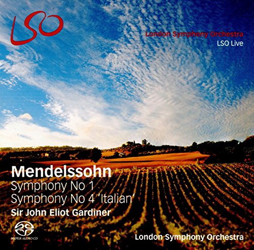 Album cover showing a plowed field under a blue sky with Mendelssohn symphony text.