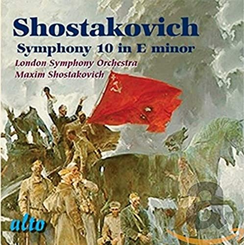CD cover for Shostakovich's 10th Symphony, featuring a red flag and figures.