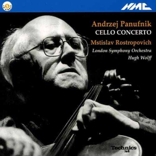 Mstislav Rostropovich playing cello, album cover for Panufnik’s Cello Concerto.