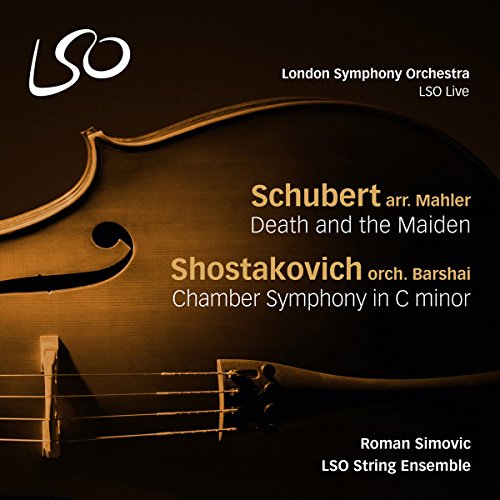 CD cover featuring a violin and text listing composers Schubert and Shostakovich.