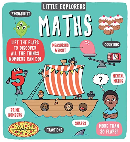 “Little Explorers: Maths” book cover with colorful illustrations and lift-the-flaps.