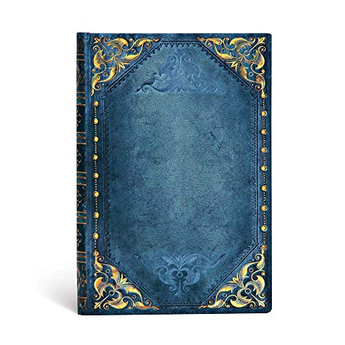 Blue journal with ornate gold floral detailing on the cover.
