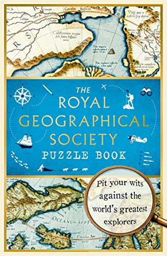 Book cover with maps, compass, and magnifying glass, titled "The Royal Geographical Society Puzzle Book".