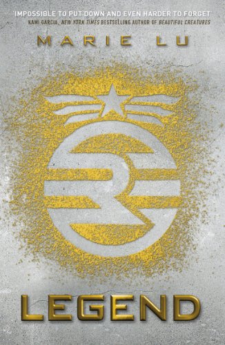 Book cover for Legend by Marie Lu featuring a yellow emblem on concrete background.