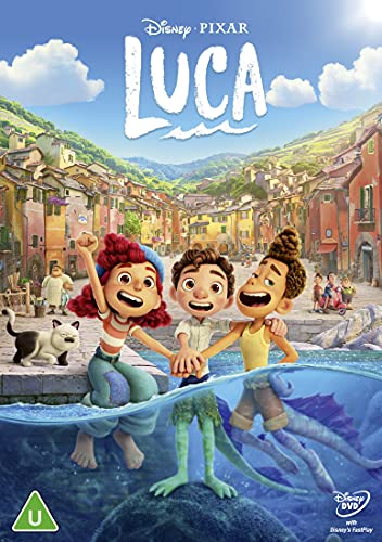 Luca" DVD cover featuring three animated children in an Italian seaside town.