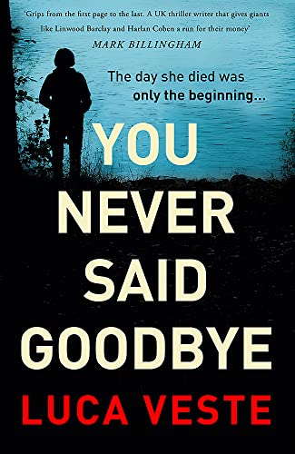 Book cover: silhouetted figure by water, bold title "You Never Said Goodbye".