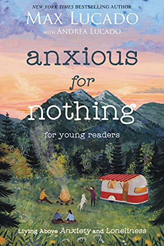 Book cover with mountains, campfire, and people in a meadow.