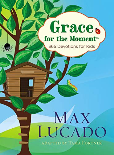 Book cover with a treehouse, caterpillar, and the title "Grace for the Moment.