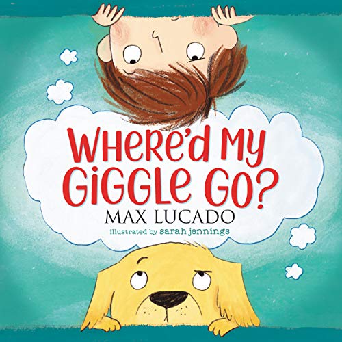 Book cover with an upside-down boy and a dog peering over a white cloud.
