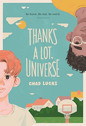 Book cover with illustrated portraits of two boys and a suburban scene.