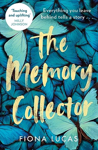 Book cover withSS with gold cursive title over a background of blue butterflies.