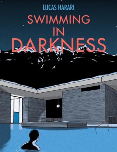 Book cover: dark mountains, modern building, and a person in a blue pool.