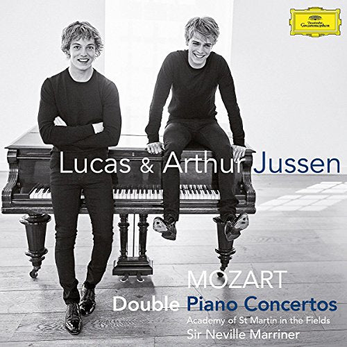 Two young men seated at a grand piano, album cover for Mozart concertos.