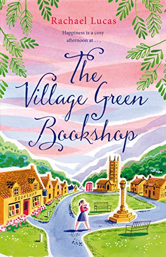 Book cover depicting a village scene with a bookshop and walking figure.