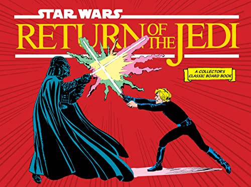 Darth Vader and Luke Skywalker duel with lightsabers on red cover.
