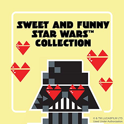 Pixelated Darth Vader with red heart shapes on a yellow background.