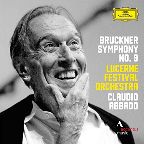 Black and white portrait of conductor Claudio Abbado with text for Bruckner Symphony 9.