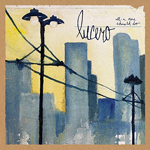 Lucero album cover: watercolor painting of city skyline and lampposts.