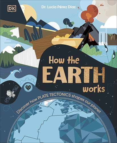 Book cover illustrating Earth’s layers, volcanoes, and plate tectonics.