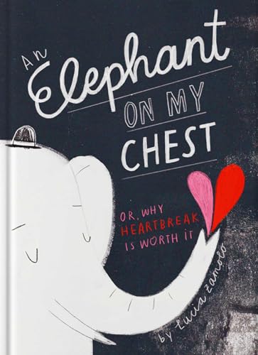 Book cover: white elephant with a broken pink heart, dark background.