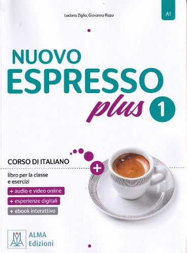 Textbook cover with "NUOVO ESPRESSO plus 1" title and coffee cup image.