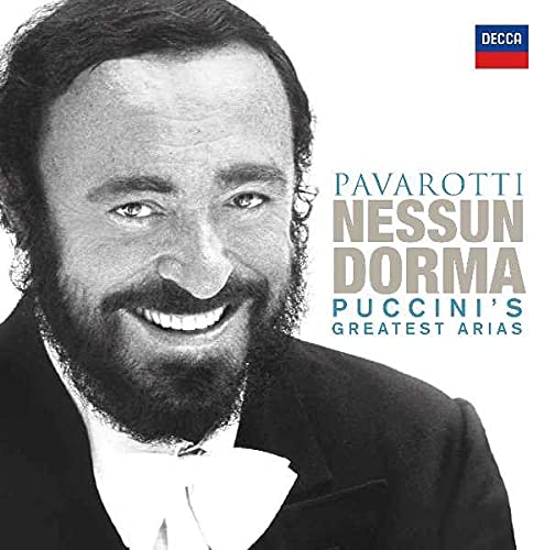 Luciano Pavarotti portrait on CD cover for "Nessun Dorma" and Puccini arias.