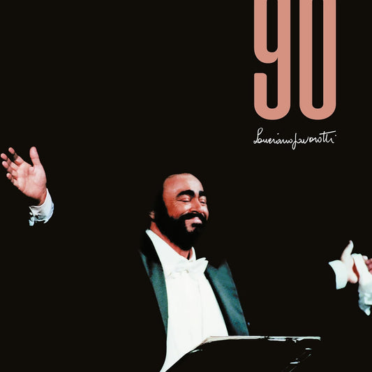 Luciano Pavarotti in concert, with large "90" text on black background.