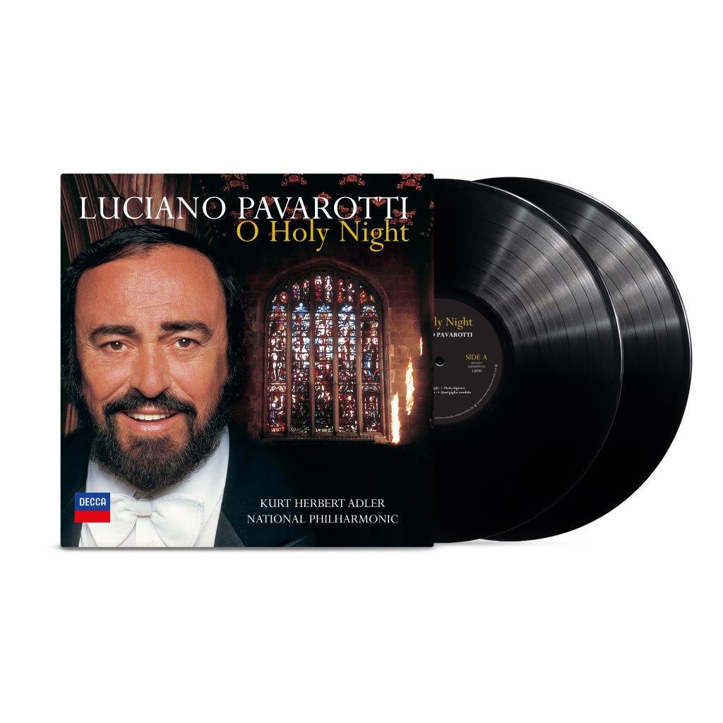 Luciano Pavarotti "O Holy Night" vinyl record with portrait and stained glass.