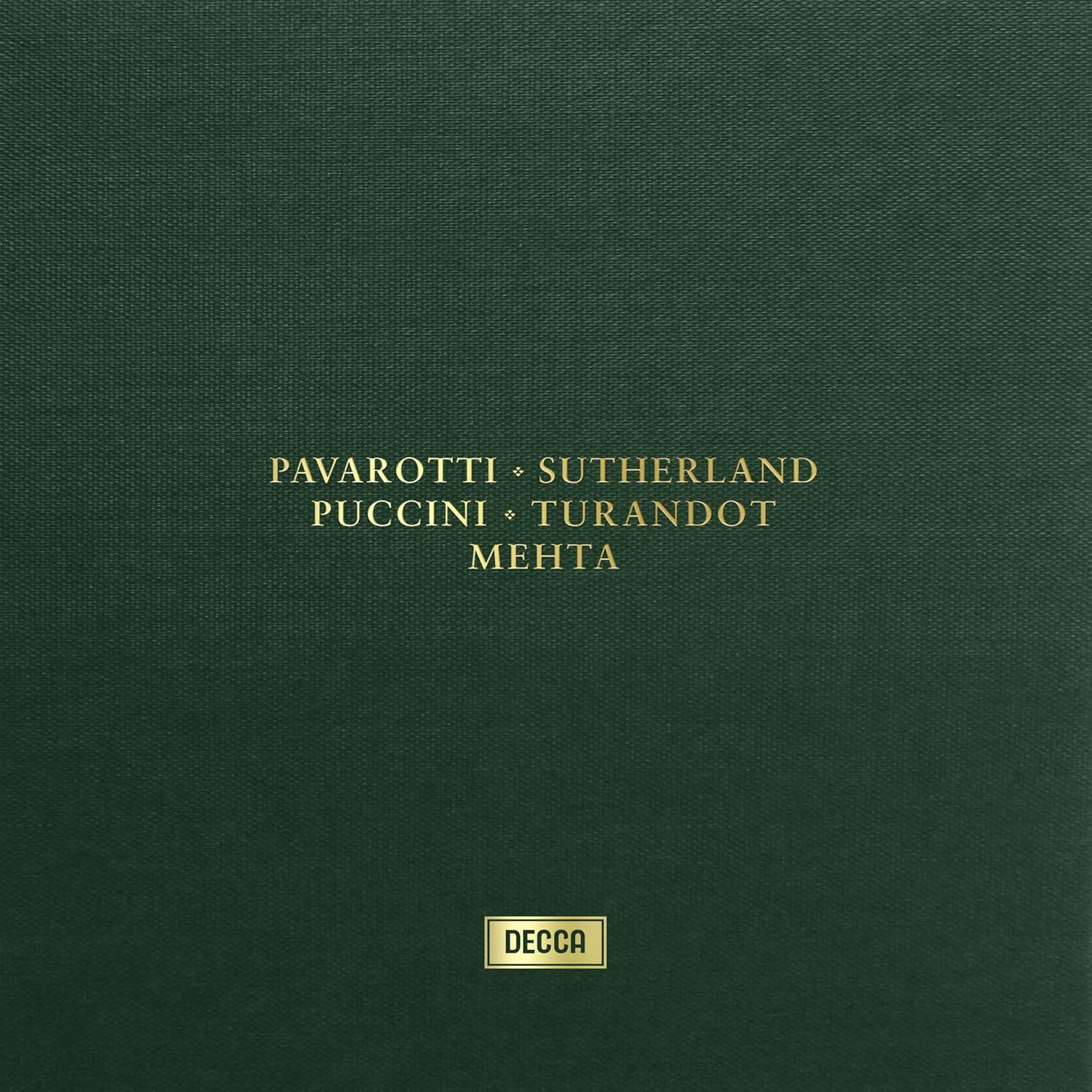 Dark green album cover with gold text: Pavarotti, Sutherland, Puccini, Turandot.