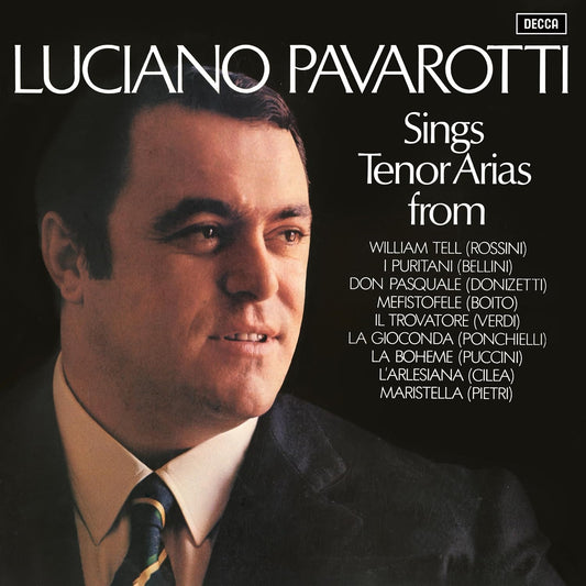 CD cover of Luciano Pavarotti, a portrait with opera aria titles.