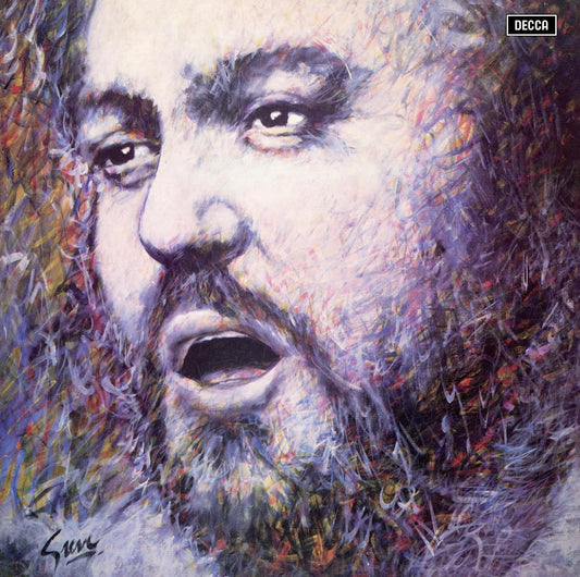 Painted portrait of Luciano Pavarotti singing, CD cover art.