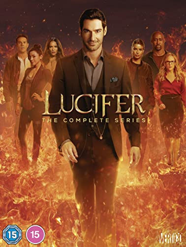 DVD cover for "Lucifer" series with cast against a fiery background.