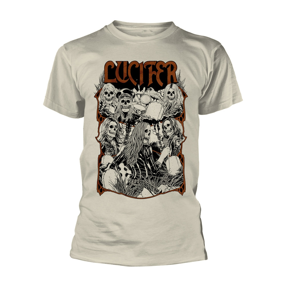 Beige t-shirt with a black and white illustration of undead figures.