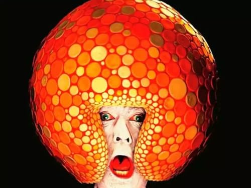 Person with orange, spotted mushroom-shaped head against a black background.