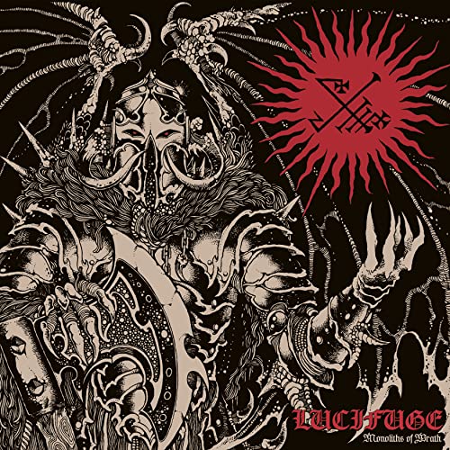 Black and white illustration of a demonic armored figure with a red sun symbol.