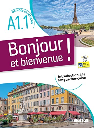 Textbook cover titled Bonjour et bienvenue with images of the Eiffel Tower and square.